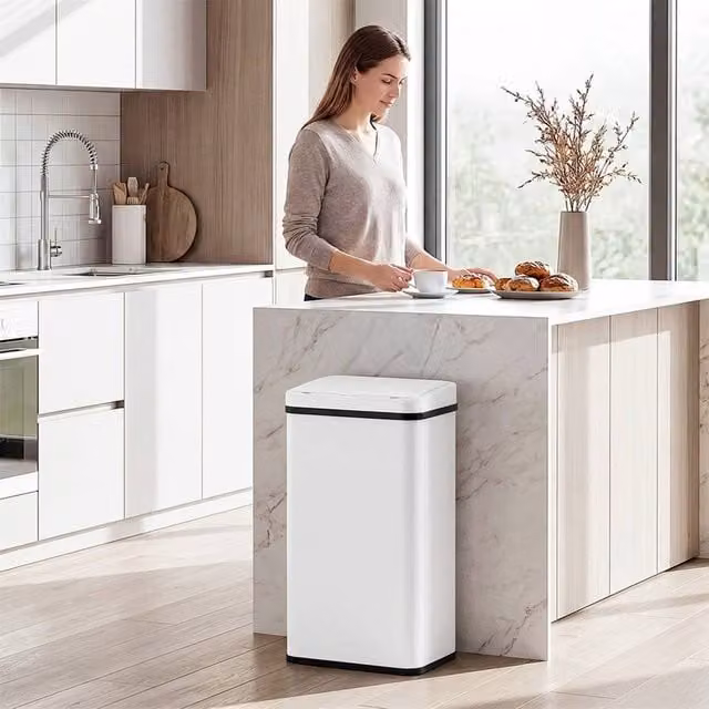 HOMCOM 50L Stainless Steel Kitchen Sensor Bin in White with Fingerprint-Proof Finish