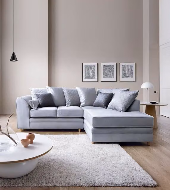 Abakus Direct Chicago L-Shaped Right Hand Facing Corner Sofa in Light Grey Velvet Fabric, W/D/H: 212 x 164 x 78 cm