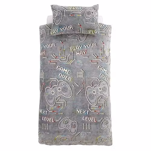 Catherine Lansfield Game Over Glow in the Dark Fleece Duvet Cover and Pillowcase Set, Black and Grey, W/H: 200 x 200 cm – 6