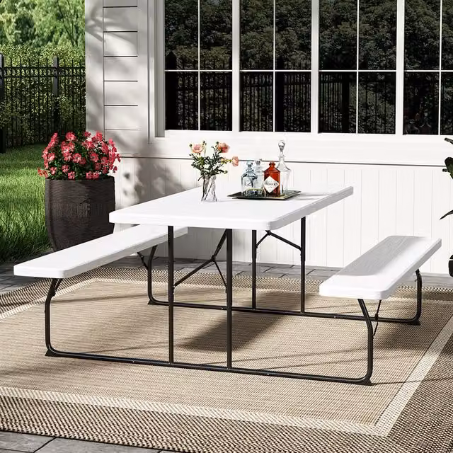 Livingandhome White Foldable Rectangular Picnic Table and Bench Set with Parasol Hole