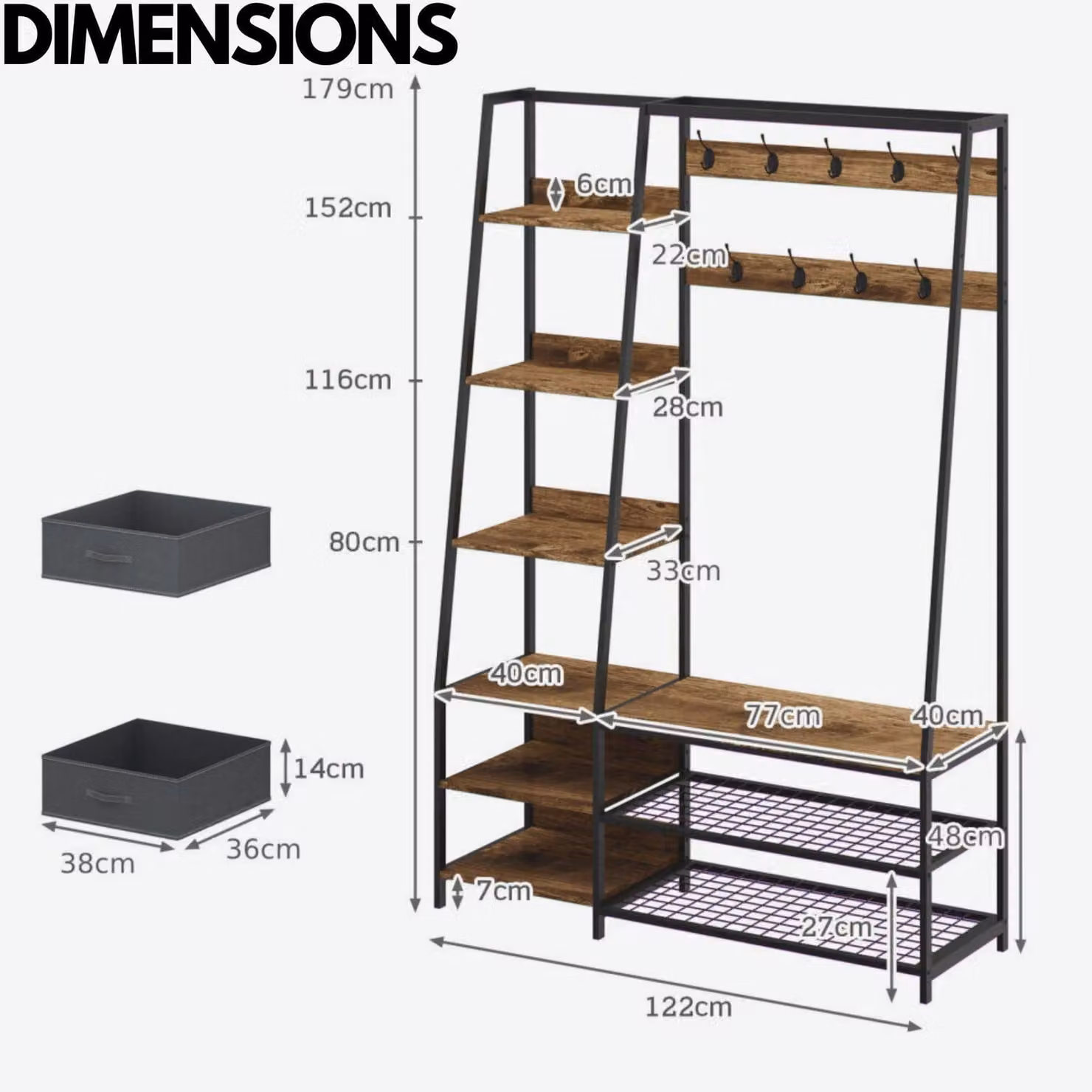 Rafaelo Mobilia Industrial Hall Tree Coat Rack Stand with 2 Fabric Drawers and 9 Hooks, Dark Brown, H 179 x W 40 x D 40 cm – 3