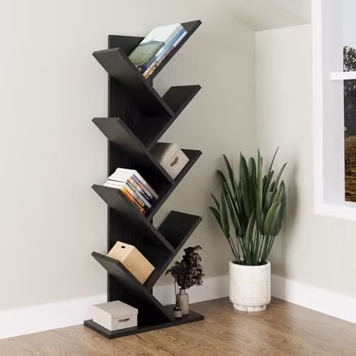 Bimossa Hitit Tree Bookcase in Black, Modern Wooden Freestanding Bookshelf with Multi-Compartment Storage, Height: 128.5 cm – 2