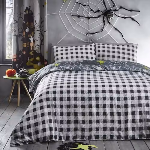 Bedlam Reversible Halloween Spiders Glow in the Dark Duvet Cover and Pillowcase Set, Black Check and Grey, W/D/H: 140 x 200 cm – 3