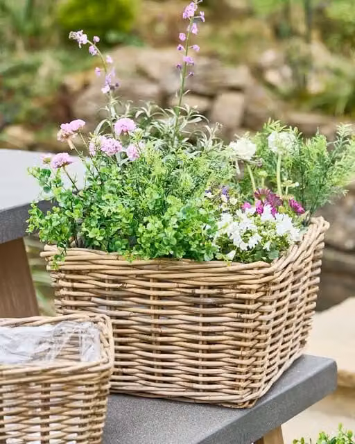 Dibor Traditional XL Square Wicker Planter Basket in Grey and Brown with Rustic Open Weave Rattan Style
