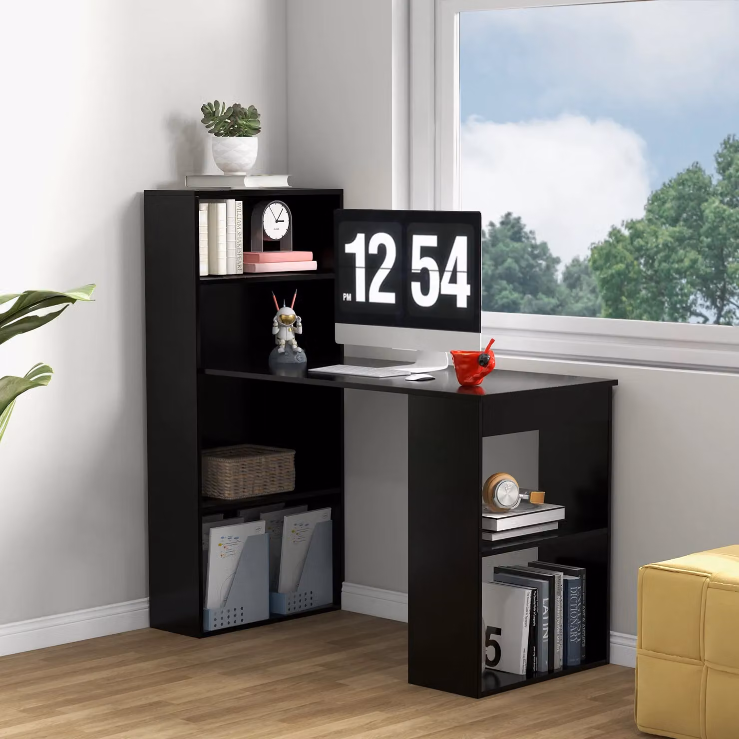 Costway Wooden Computer Desk and Writing Workstation with 6-Tier Storage Shelves in Black – 2