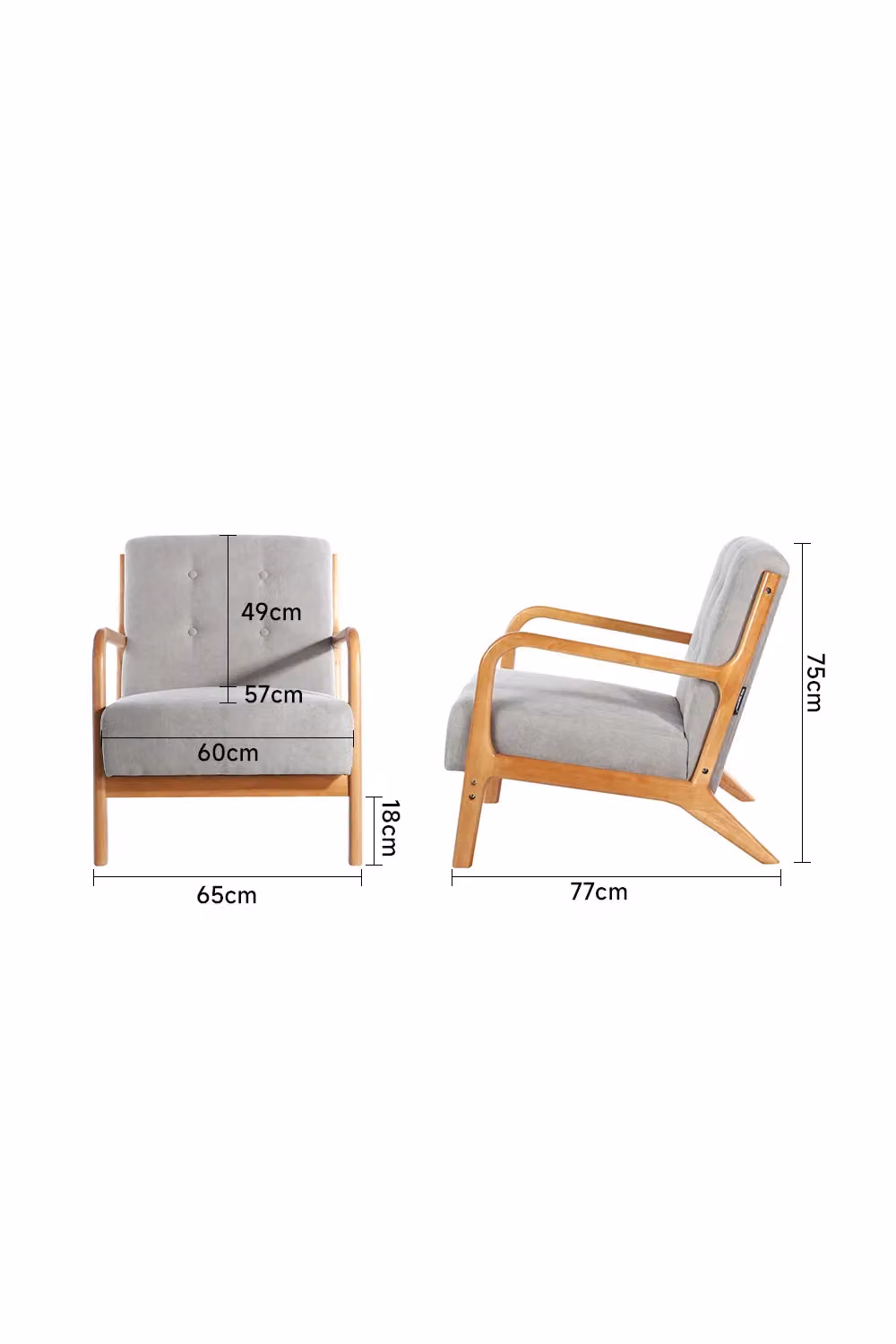 Living and Home Grey Fabric Button Upholstered Armchair with Solid Wood Frame W/D/H: 65 x 77 x 75 cm – 2