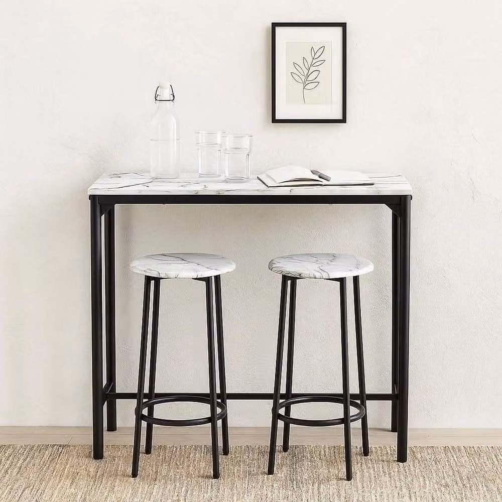 VOGREX Modern White Marble Bar Table and 3 Stools Dining Set with Black and White Abstract Stone and Metal Design – 3