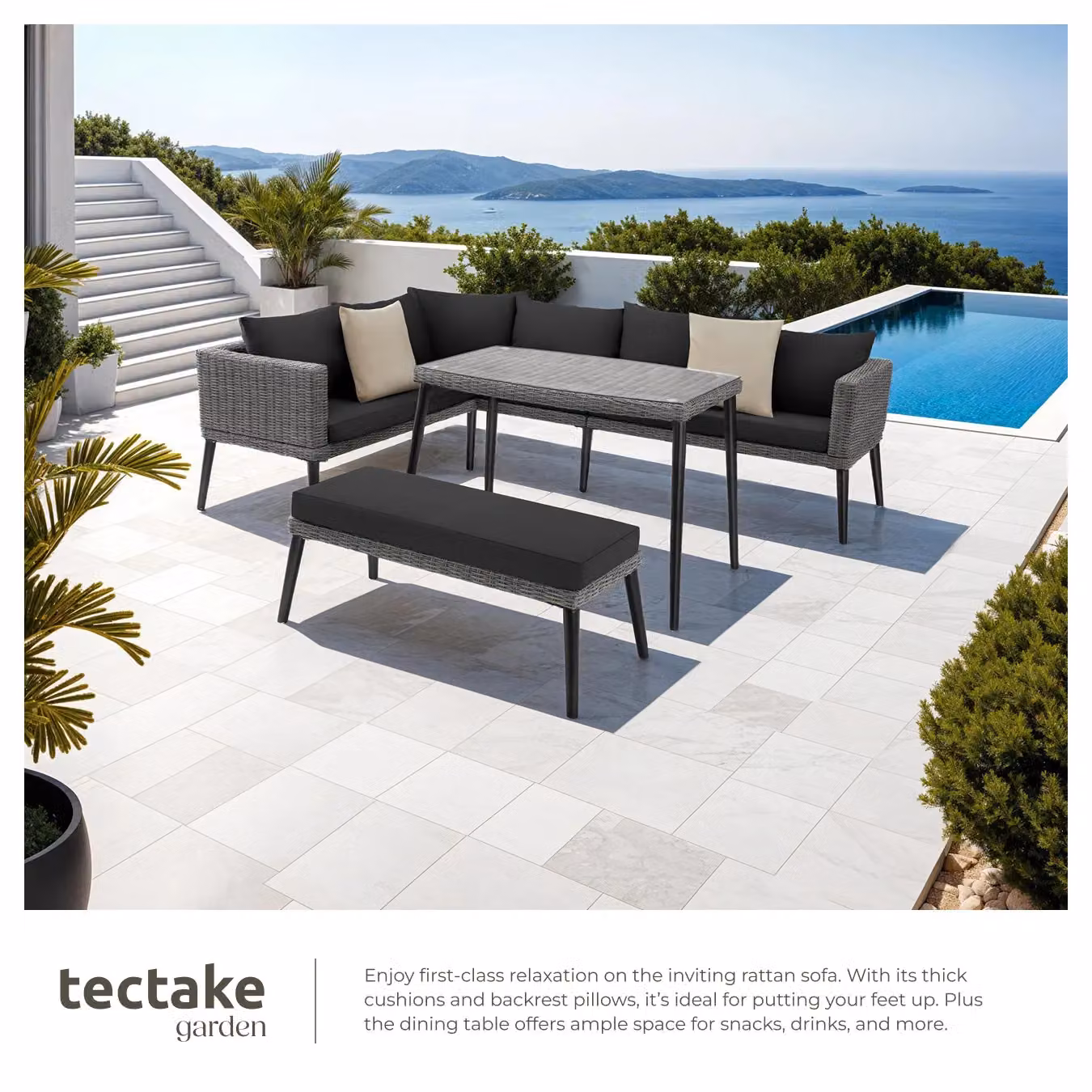 tectake Pula 4-Person Rattan Lounge Set with Powder Coated Aluminium Frame and Upholstered Cushions in Grey – 4
