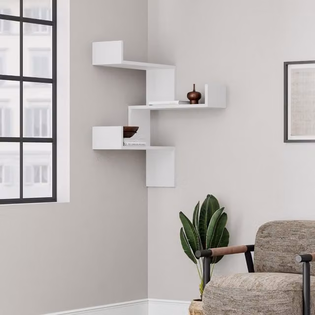 Decortie Luksa White Wall Mounted Corner Bookcase with Zigzag Design, W/D/H: 60 x 60 x 90 cm