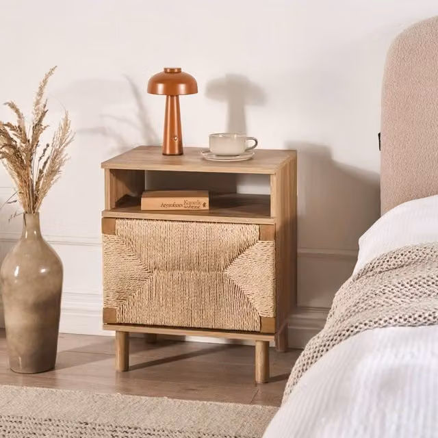 Wyld Haus Boho Bedside Table in Brown with Pine Wood and MDF