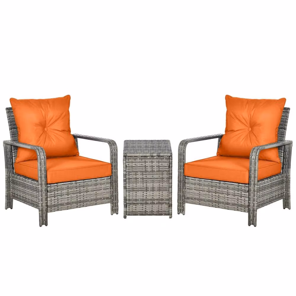 Wyld Haus Nola Nora 3 Piece Rattan Bistro Set with 72L Storage Table in Grey and Orange – 2