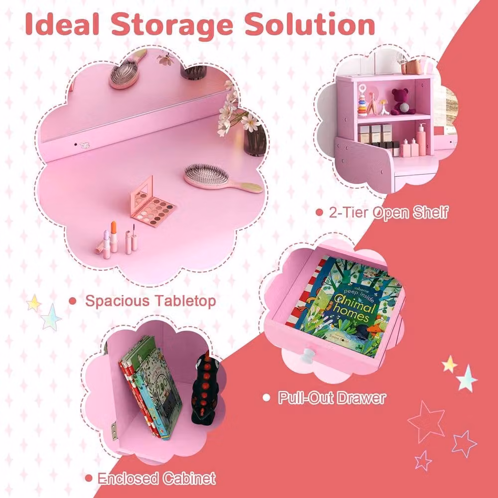 Gymax Pink Vanity Table and Chair Set Makeup Playset with Shelves and LED Light – 4