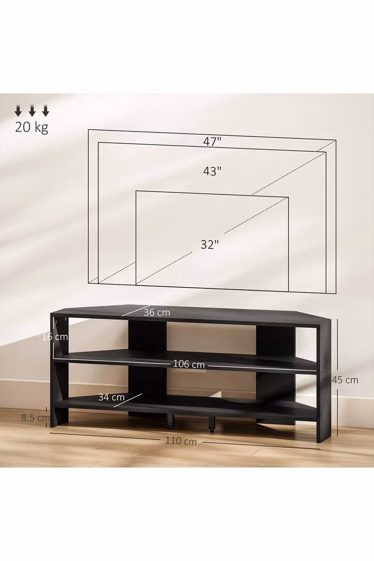 ERGOVEXA Modern Black Wood Corner TV Stand with 2 Open Shelves, W/D/H: 110 x 36 x 45 cm