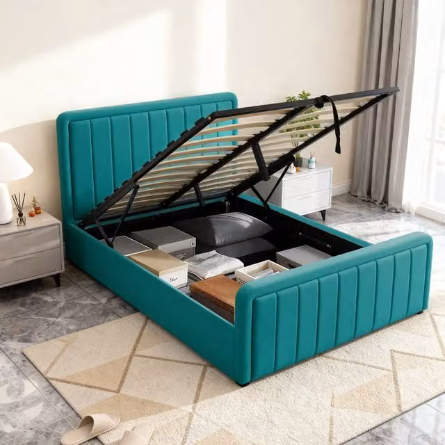 Comfy Living Brushed Green Velvet Ottoman Bed Frame with Lift Up Base, W/D/H: 140 x 200 cm