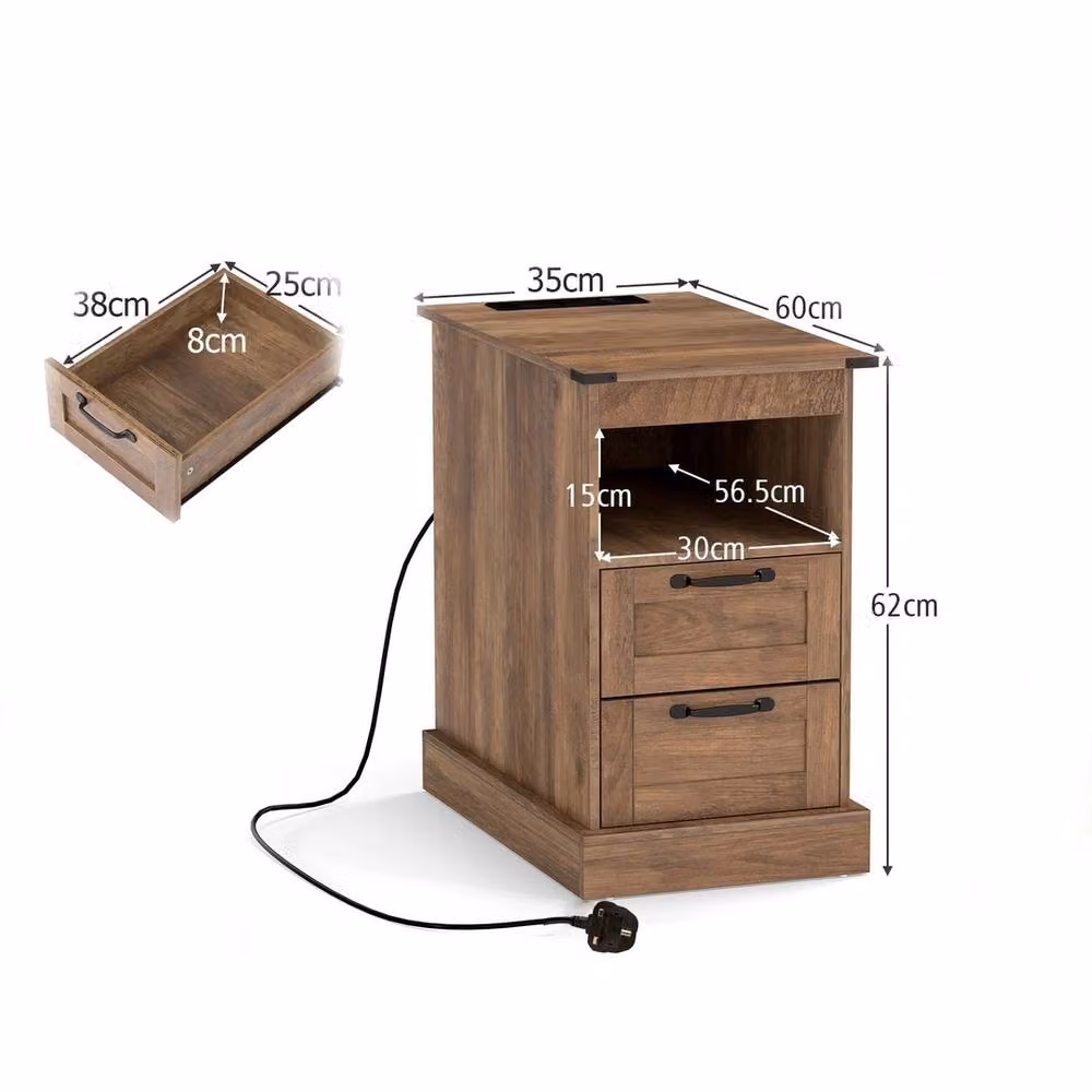 VOGREX Brown Farmhouse Charging Station Nightstand with Grommet and Media Compartments – 3