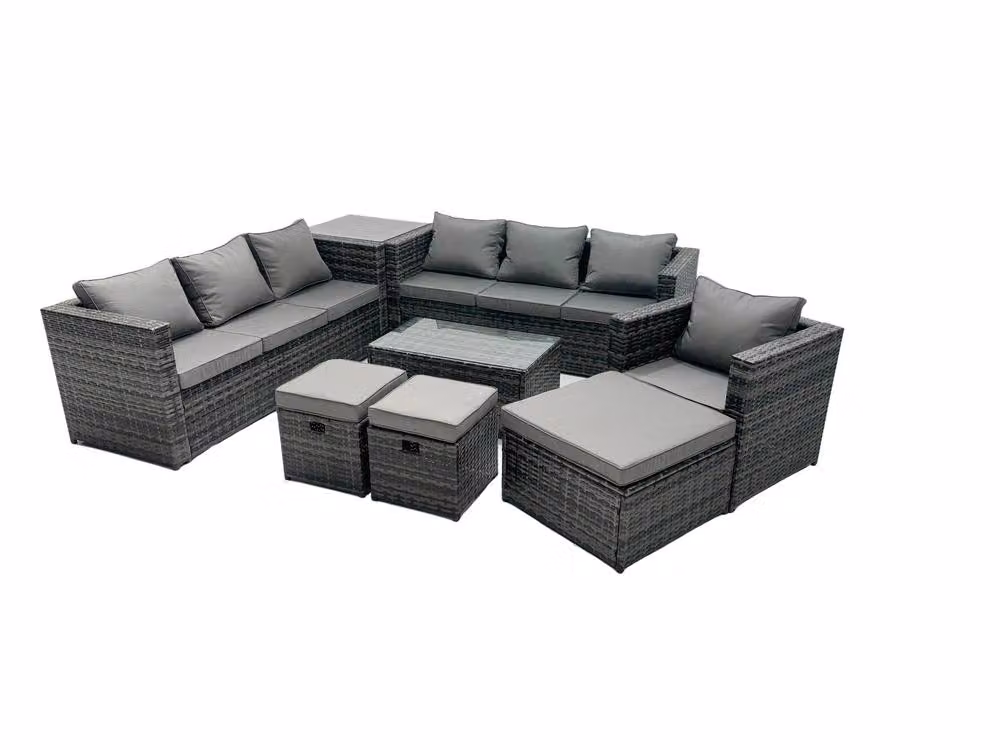 Fimous 10-Seater Patio Coffee Table Sofa Set with 3 Stools and Side Table in Dark Grey – 2