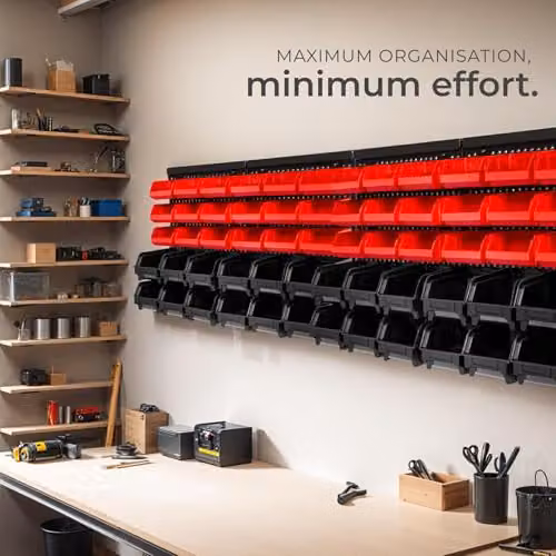 tectake 64 Piece Wall-Mounted Plastic Storage Organiser Set with 2 Pegboards and 62 Bins in Black and Red – 7