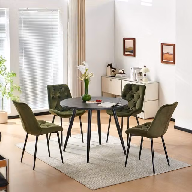SONARA Black Marble Round Dining Table with 4 Green Velvet Upholstered Chairs – 1