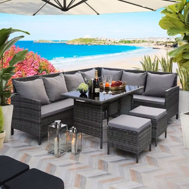 Home Garden Direct Bideford 8 Seater Grey Polyrattan Corner Dining Sofa Set with Glass Top Table and 2 Ottomans