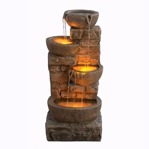 Teamson Home Brown Cascading Bowls and Stacked Stones LED Outdoor Water Fountain, H 84.5 cm x W 39.4 cm x D 38.7 cm