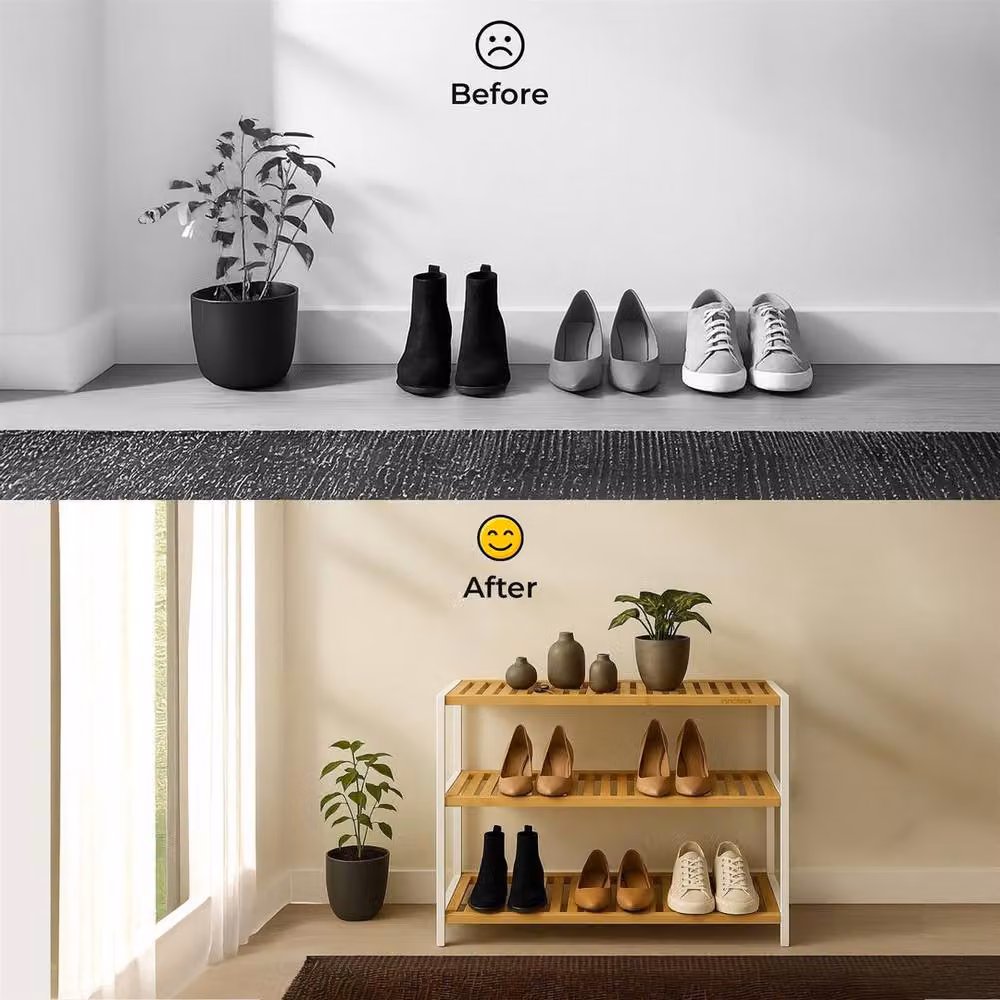 EONLION 3 Tier Bamboo Shoe Rack with White Frame and Natural Bamboo Shelves – 2