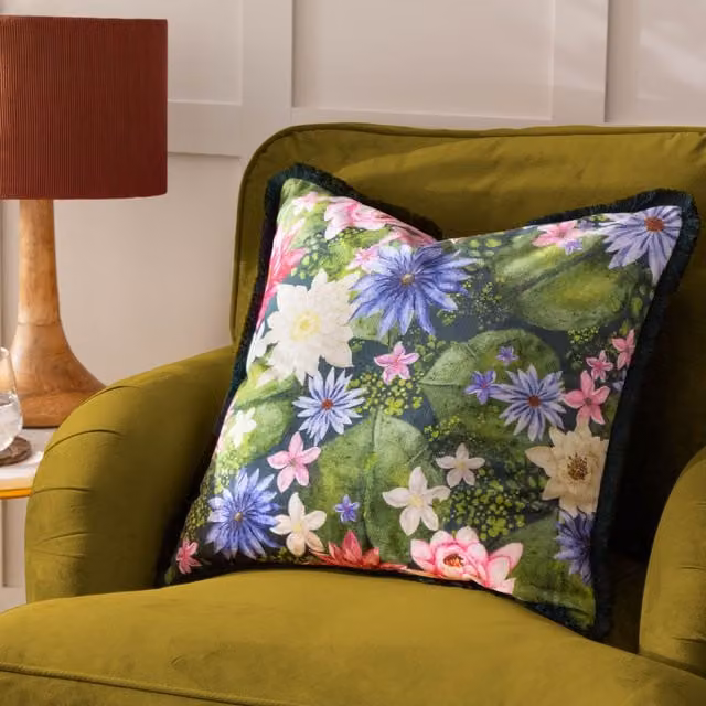 Paoletti Marjoelle Multicolour Floral Printed Velvet Square Cushion, W/D/H: 50 x 50 x 50 cm