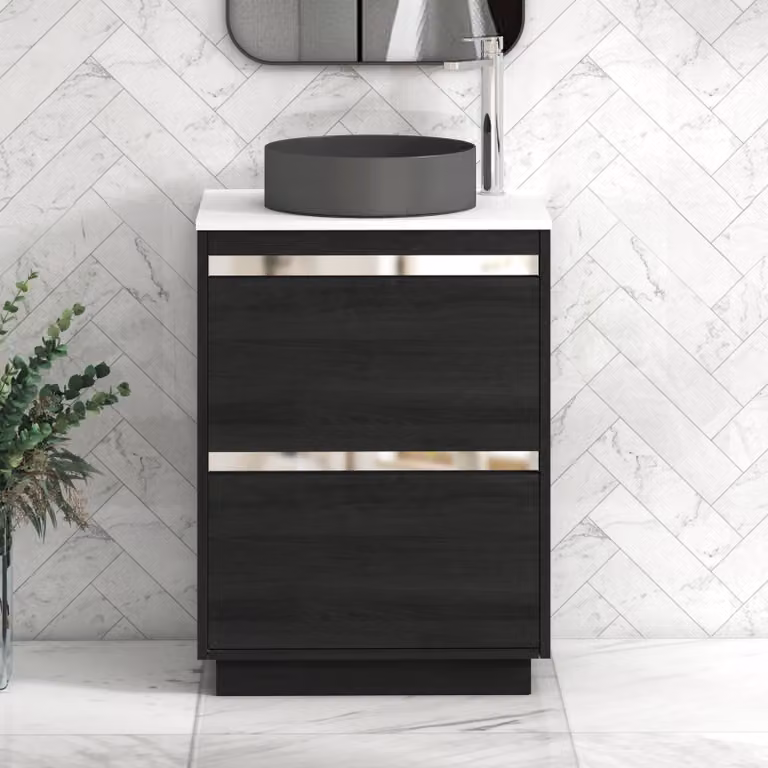 Royal Bathrooms Orion 600mm Hale Black and White Floor Standing Vanity Unit with 2 Drawers and Art Round Basin