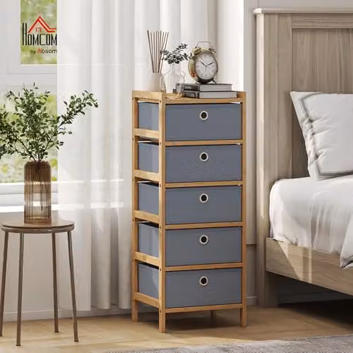 HOMCOM Chest of Drawers with Bamboo Frame and 5 Fabric Drawers in Light Grey – 2