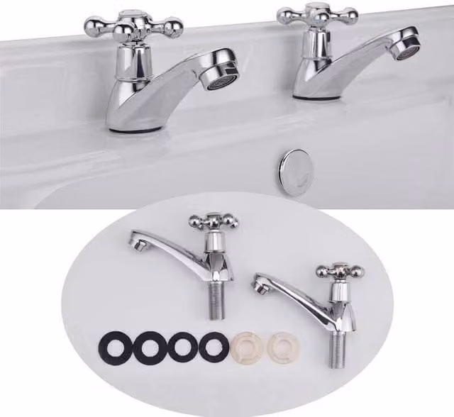 VOGREX Twin Taps Set, Hot and Cold Pair of Two-Handle Basin Taps in Silver Chrome