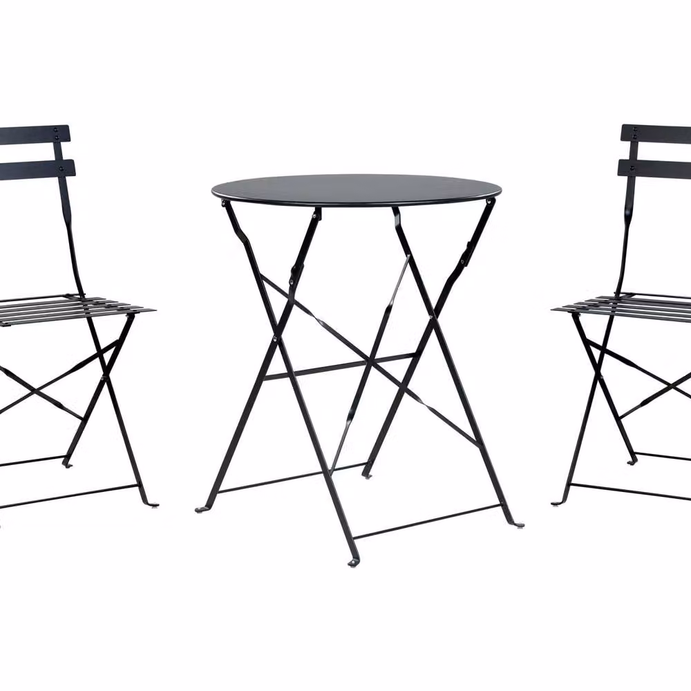 Wyld and Coco 3 Piece Black Metal Folding Bistro Set with Slatted Steel Chairs – 2