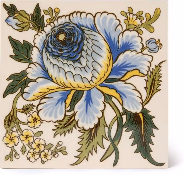 House of Hackney Artemis Rose Floral Printed Field Tile Sample in Beige and Blue, Glossy, W: 15.24 cm, D: 15.24 cm