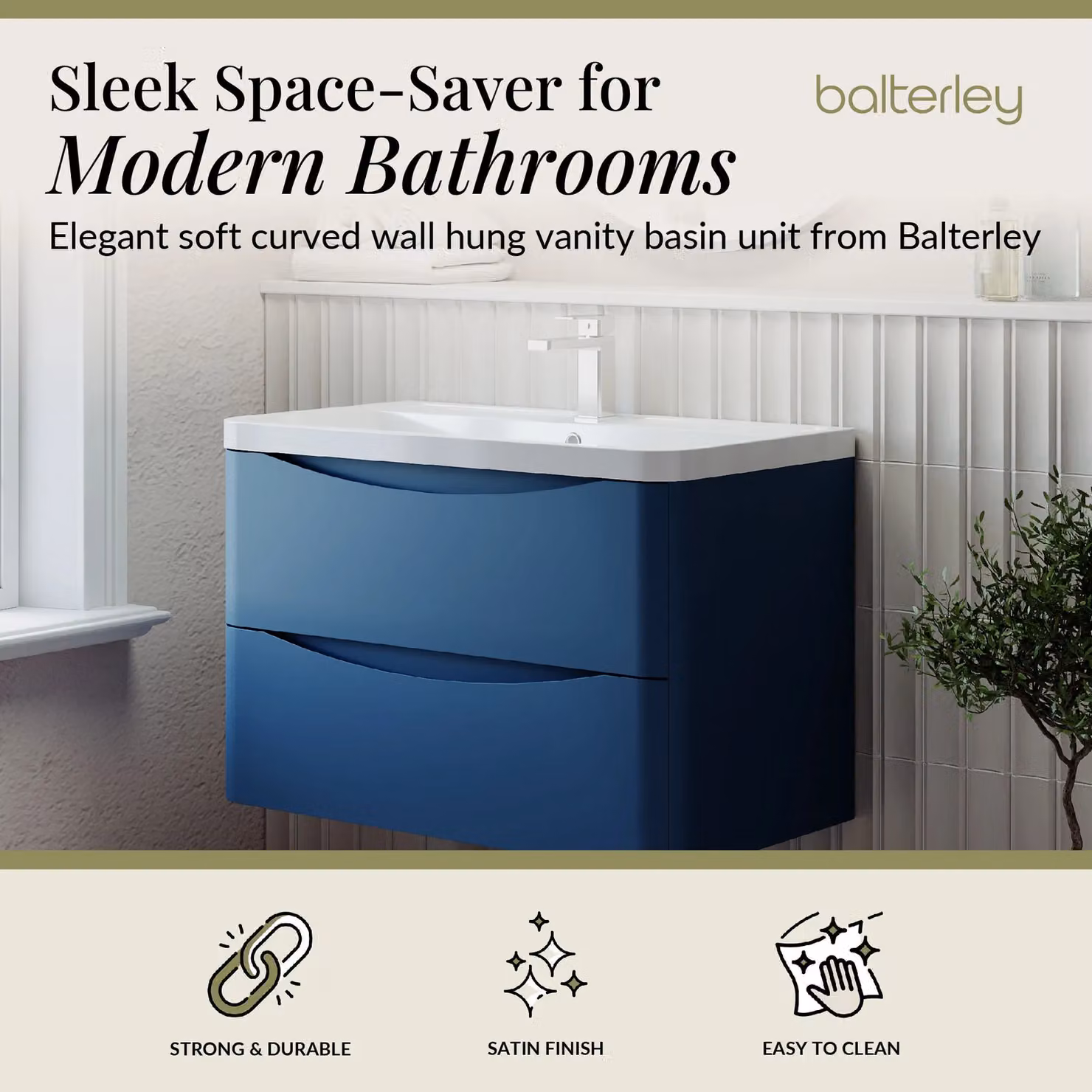 Balterley Wall Hung 2 Drawer Bathroom Vanity Unit and Basin, Satin Blue, Width: 75.5 cm – 2