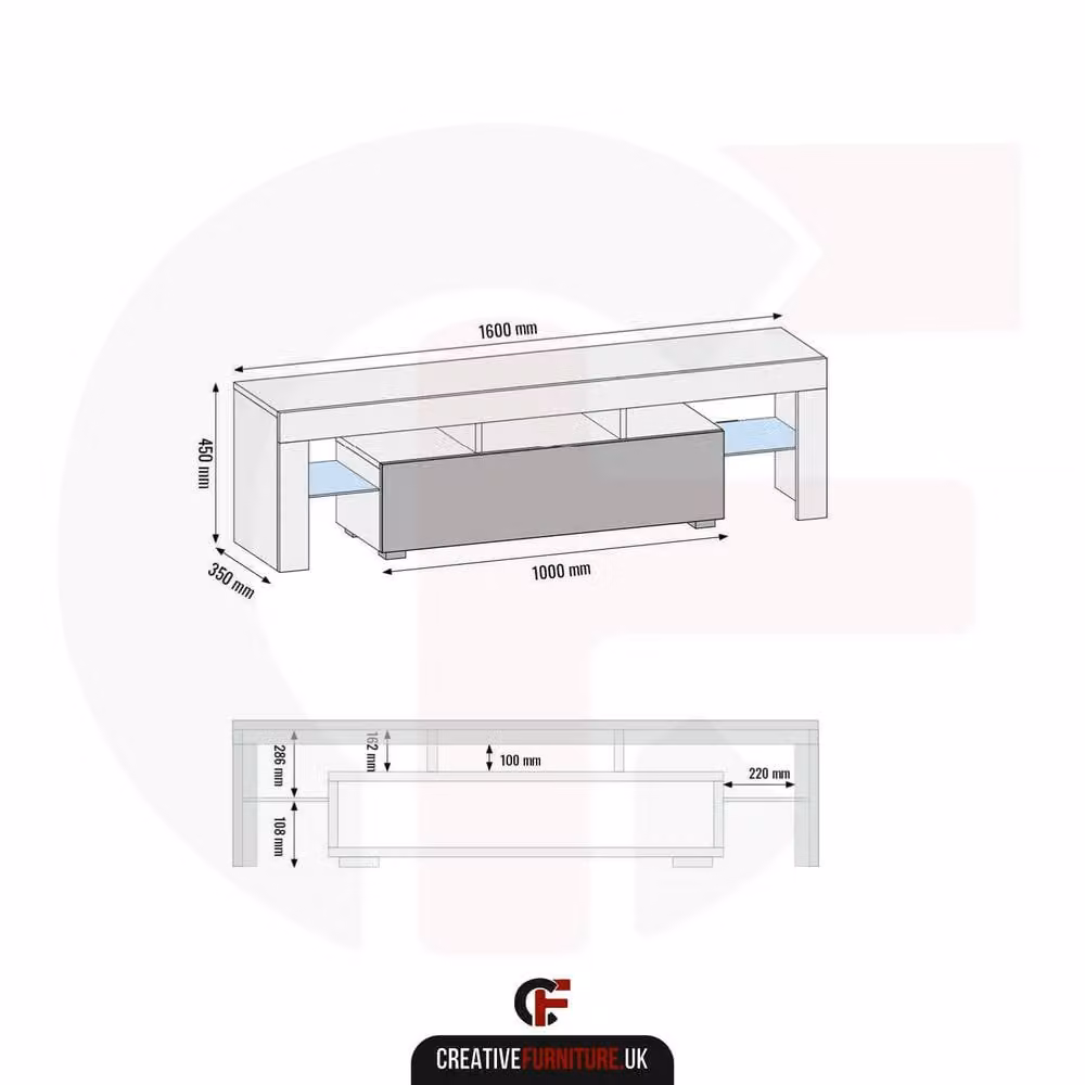 Creative Furniture Aria Modern TV Unit in White with Glossy MDF and Glass Doors, W: 160 cm, D: 45 cm, H: 35 cm – 4