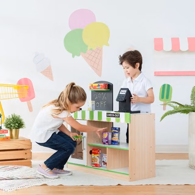 Teamson Kids Wooden Play Cashier Checkout Stand with 26 Accessories in Green and White