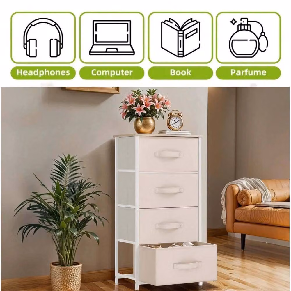 VOGREX White Steel Frame Bedroom Storage Chest with 4 Fabric Drawers in Cream – 3