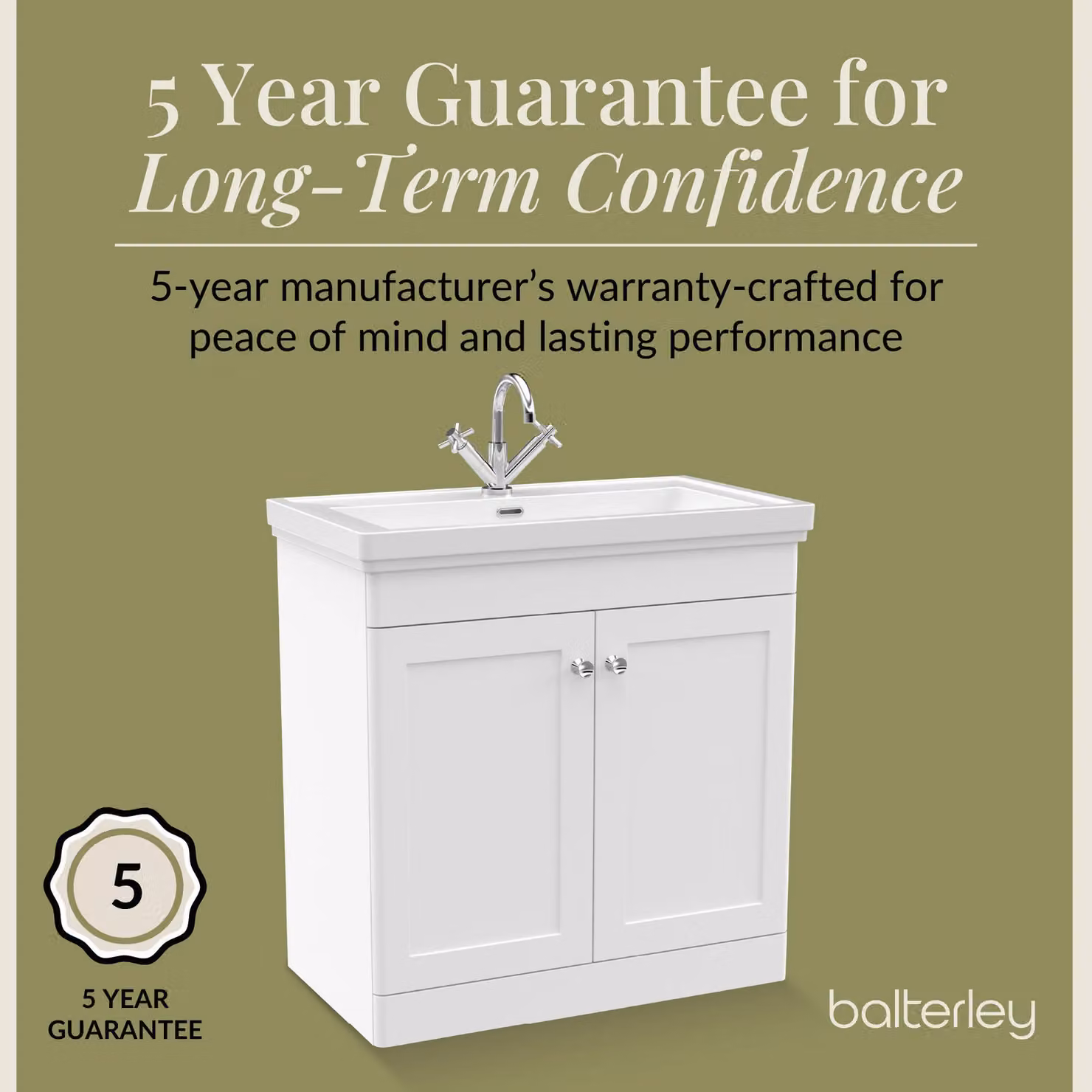 Balterley 2-Door Freestanding Bathroom Floor Vanity Unit and Fireclay Basin in Satin White, W: 80 cm, H: 86.5 cm – 2