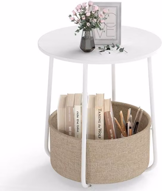 Costway Round 2-Tier Side Table and Nightstand with Fabric Storage Basket in White and Multicolour