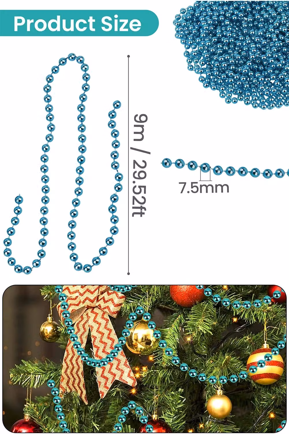 Neel Blue Metallic Christmas Bead Chain, 9m Shiny Pearl Garland in Teal and Turquoise – 2