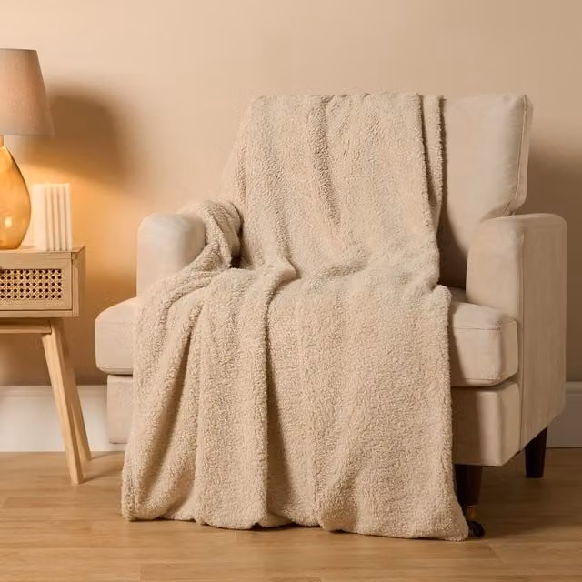 Brentfords Soft Plain Teddy Fleece Throw in Beige/Yellow, 200 cm