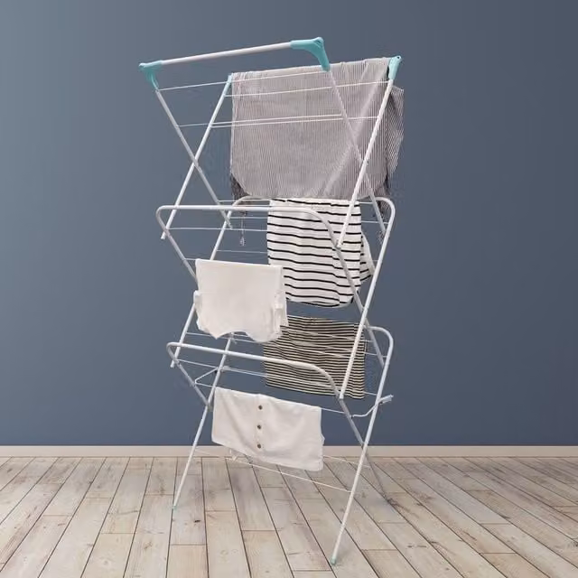 JVL 3 Tier Concertina Folding Clothes Airer with 14m Drying Line in White