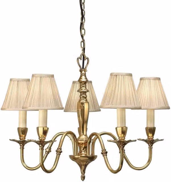 Interiors 1900 Asquith 5 Light Ceiling Pendant Chandelier in Solid Brass and Beige Fabric with E14 Base