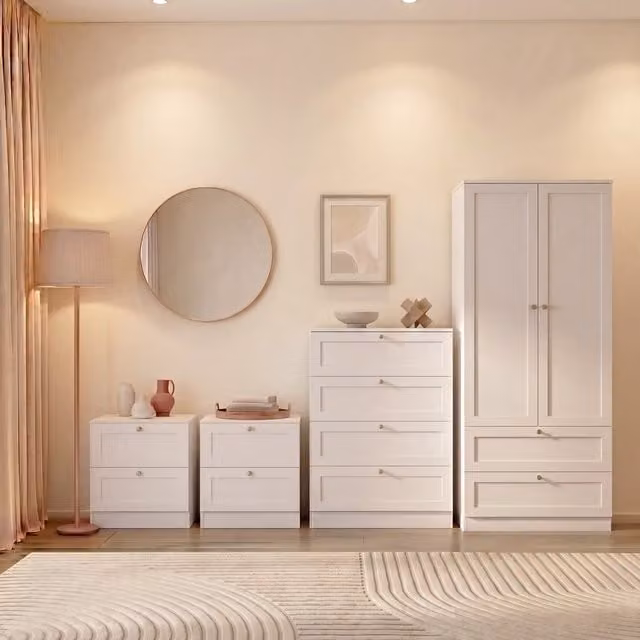 Vida Designs Altino White Bedroom Set including 2 Drawer Bedside Tables, 4 Drawer Chest and 2 Door 2 Drawer Wardrobe
