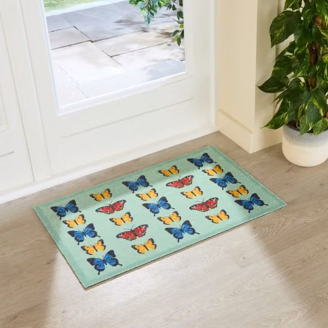 Artsy Mats Butterfly Pattern Washable Non-Slip Indoor Doormat, Light Green, W: 80 cm, D: 50 cm