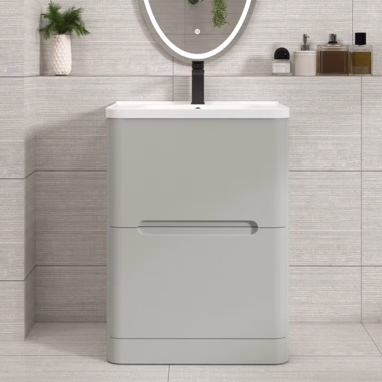 Royal Bathrooms Venice Art Deco Floor Standing 2 Drawer Vanity Unit in Matt Grey with Ceramic Basin