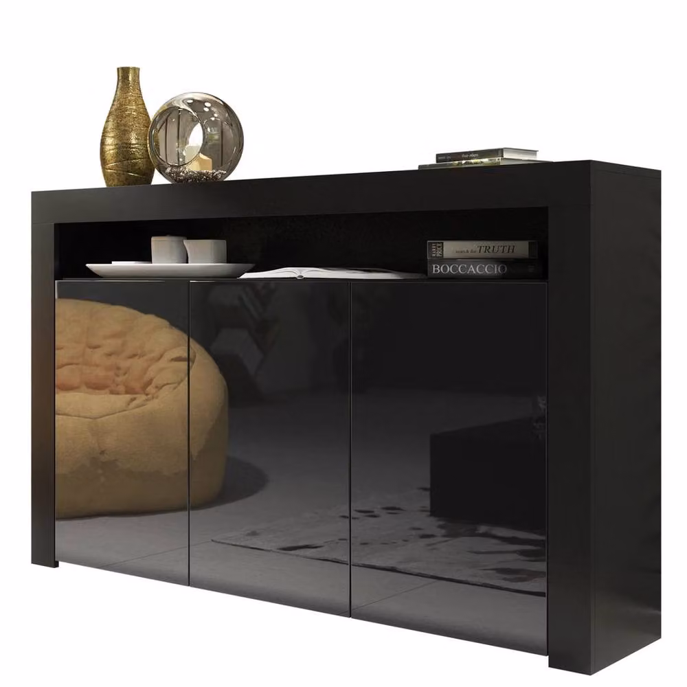 PAWNORA Modern Glossy Black Sideboard Cabinet and TV Unit with Media Compartments – 2