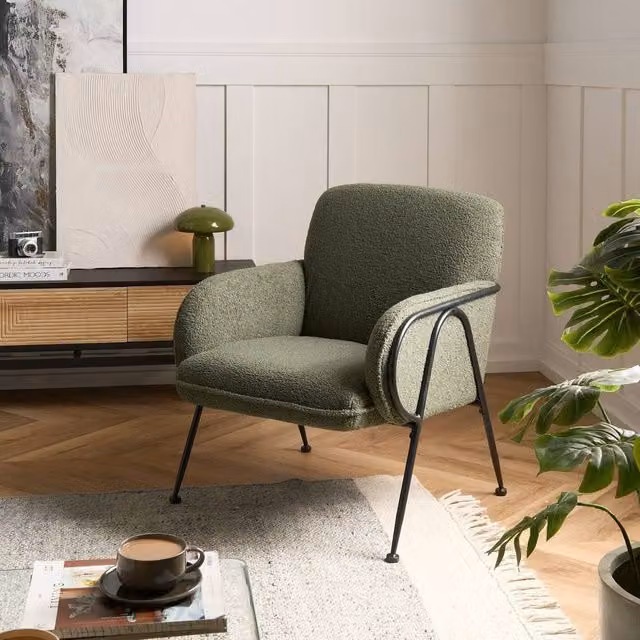 Wyld and Coco Century Modern Green Bouclé Armchair with Matt Metal Frame – 1