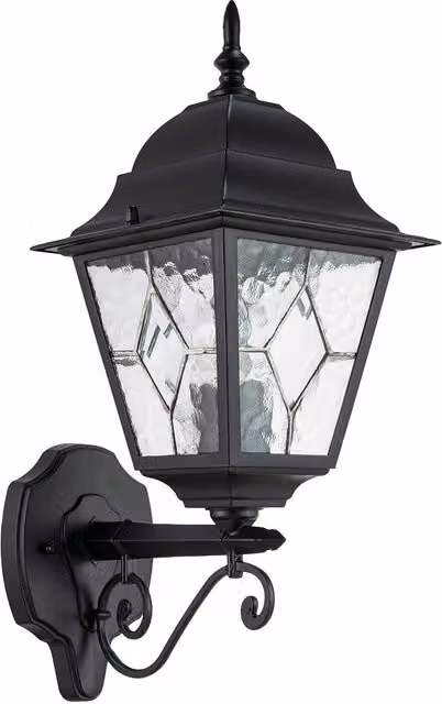 Happy Homewares Traditional Cast Aluminium Outdoor Lantern Wall Light with Cathedral Glass, Black, H 40.0 cm x W 26.0 cm x D 26.0 cm