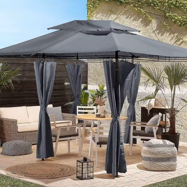 Wyld and Coco Hip Gazebo with Black Steel Frame and Dark Grey Curtains, W: 400 cm, D: 300 cm – 1