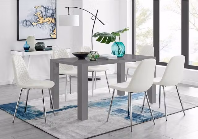 FurnitureboxUK Pivero Grey High Gloss Rectangular Dining Table and 6 Corona Silver Chairs in White