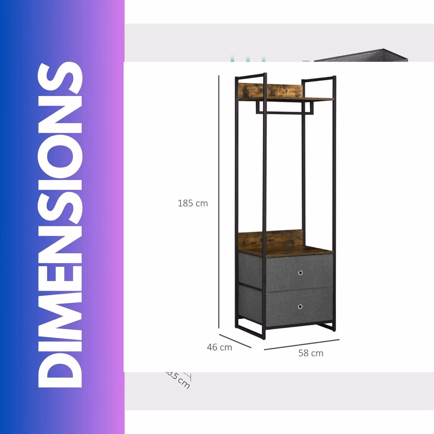 FURNOS Industrial Hall Tree Coat Rack with 2 Fabric Drawers in Brown, H 185 x W 58 x D 46 cm – 2